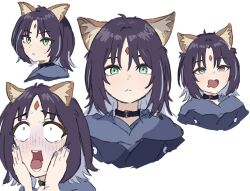  1girl absurdres animal_ears black_choker black_hair blue_nails cho_kaguya-hime! choker colored_inner_hair commentary_request drooling expressionless fox_ears fox_girl heart heart-shaped_mouth heart-shaped_pupils highres luce65535 mouth_drool multicolored_hair multiple_views nail_polish parted_bangs sakayori_iroha short_hair simple_background symbol-shaped_pupils white_background 