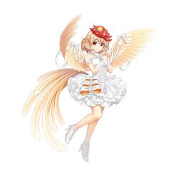  1girl alternate_costume animal_on_head baby_animal bird bird_on_head bird_tail bird_wings blonde_hair bow bow_on_wing chick closed_mouth curtains dress earrings feathered_wings feathers flower frilled_dress frills full_body game_cg gloves hair_flower hair_ornament high_heels highres interlocked_fingers jewelry looking_at_viewer multicolored_hair niwatari_kutaka non-web_source on_head own_hands_together red_eyes red_hair rotte_(1109) see-through_clothes see-through_gloves sleeveless sleeveless_dress smile solo sparkle tail touhou touhou_lostword transparent_background two-tone_hair wedding_dress whistle whistle_around_neck white_bow white_dress white_flower white_gloves wings yellow_wings 