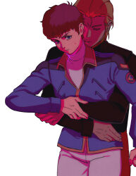  2boys amuro_ray blonde_hair brown_hair char's_counterattack char_aznable clenched_hand commentary_request gundam highres holding holding_hands hug hug_from_behind jacket long_sleeves male_focus military military_uniform mullet multiple_boys neo_zeon short_hair yy0880yy zeon 