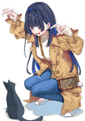  1girl :d animal bag bag_charm black_cat black_hair blue_eyes blue_hair blue_nails blunt_bangs blunt_ends blush breasts brown_coat cat center-flap_bangs chain charm_(object) claw_pose coat collared_sweater colored_inner_hair commentary_request denim dot_nose fangs hair_intakes hair_over_one_eye hair_over_shoulder hand_up high_heels highres hololive hololive_english jeans keyring lapels large_breasts long_hair long_sleeves looking_at_animal mogu_(au1127) multicolored_hair nail_polish official_alternate_costume open_clothes open_coat open_mouth ouro_kronii ouro_kronii_(casual) pants paw_pose shoes shoulder_bag sidelocks simple_background smile spread_fingers squatting sweater tongue torn_clothes torn_jeans torn_pants trench_coat turtleneck turtleneck_sweater virtual_youtuber white_background white_shoes 
