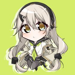  1girl 7:08 alternate_costume blush chibi girls_frontline green_necktie hair_ornament hairclip highres jacket long_hair long_sleeves mg4_(girls'_frontline) mg4_(survival_club)_(girls'_frontline) midriff necktie simple_background 