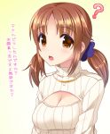  1girl blush breasts brown_eyes brown_hair cleavage cleavage_cutout fujimiya_yuu idolmaster idolmaster_cinderella_girls large_breasts looking_at_viewer open-chest_sweater open_mouth ribbed_sweater solo sweater totoki_airi translated turtleneck twintails 