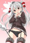  1girl admiral_(kantai_collection) amatsukaze_(kantai_collection) blush brown_eyes furrowed_eyebrows garter_straps hairband kantai_collection long_hair open_mouth panties panty_pull pulled_by_another side-tie_panties silver_hair solo_focus strap_pull takoyaki_(takoyaki-batake) twitter_username two_side_up underwear uniform wavy_mouth 
