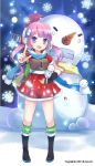  1girl :d hair_ornament jin_young-in kaku-san-sei_million_arthur long_hair looking_at_viewer open_mouth original pink_hair pointing pointing_at_viewer scarf smile snowing snowman solo twintails violet_eyes 