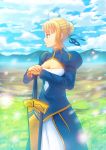 1girl ahoge avalon_(fate/stay_night) blonde_hair dress excalibur fate/stay_night fate_(series) fateline_alpha field green_eyes highres planted_sword planted_weapon saber sheath sheathed sky solo sword weapon 