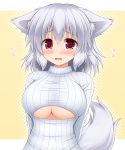  1girl animal_ears blush breasts bust fang flying_sweatdrops halftone halftone_background inubashiri_momiji large_breasts long_sleeves looking_at_viewer nagana_sayui nervous nervous_smile open-chest_sweater open_mouth pink_eyes revision solo sweater tail touhou turtleneck under_boob underboob_cutout wolf_ears wolf_tail 