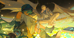  1boy 1girl armpit_crease bat_wings boots brown_skirt closed_eyes crossed_bangs daoqian_nu detached_sleeves gloves green_hair hair_between_eyes highres holding holding_instrument instrument kerosene_lamp long_hair long_sleeves night original oversized_wings pants pleated_skirt pointy_ears sidelocks sitting skirt very_long_hair watermark white_gloves white_hair white_pants white_wings wings 