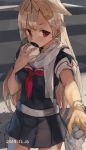  1girl blonde_hair cowboy_shot dated eating hair_flaps hair_ornament hair_ribbon hairclip kantai_collection long_hair outstretched_hand pleated_skirt red_eyes ribbon scarf school_uniform short_sleeves skirt solo toro_(konirio) yuudachi_(kantai_collection) 