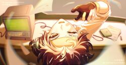  1boy arm_up asaba_harumasa black_hair blurry blurry_foreground commentary_request computer desk flying_paper from_above gloves headband highres koori_ice_www looking_at_viewer male_focus monitor one_eye_closed open_mouth paper partially_fingerless_gloves shirt short_hair solo white_shirt yellow_eyes yellow_headband zenless_zone_zero 