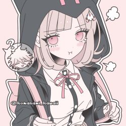  1girl ? artist_name backpack bag black_shirt blunt_bangs blush breasts brown_hair collared_shirt commentary_request danganronpa_(series) danganronpa_2:_goodbye_despair dress_shirt hair_ornament hood hood_up komaeda_nagito komanami_kawaii large_breasts medium_hair nanami_chiaki pink_ribbon pout ribbon shirt solo spoken_character white_shirt 