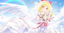  1girl absurdres alternate_costume bird blonde_hair blue_butterfly blurry blurry_background bridal_gauntlets bridal_veil bug butterfly chinese_commentary clouds commentary_request dove dress falling_petals feathered_wings flower gengetsu_(touhou) hair_ornament highres jewelry lighthouse lotus_land_story paranoia495514 petals pink_flower pink_rose red_ribbon ribbon ring rose sky smile solo touhou touhou_(pc-98) veil wedding_dress wedding_ring white_flower white_rose wings yellow_eyes 