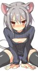  1girl 5240mosu animal_ears black_legwear blush breasts cleavage_cutout grey_hair highres mouse_ears mouse_tail nazrin open-chest_sweater panties red_eyes ribbed_sweater short_hair simple_background solo striped striped_panties sweater tail thigh-highs touhou turtleneck underwear white_background 