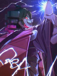  1girl ahoge black_hair commentary_request copyright_name drill_hair earrings electricity gradient_hair highres jewelry kasane_teto long_sleeves looking_at_viewer looking_back multicolored_hair nakam1ya open_mouth outstretched_arms purple_robe q&amp;a_(utau) red_eyes robe short_hair smile solo spread_arms teeth twin_drills upper_body upper_teeth_only utau wide_sleeves 