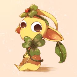  brown_eyes bug clover commentary_request creature creature_focus from_side full_body ladybug large_ears leaf leaf_on_head light_blush looking_at_viewer nitetos no_humans no_mouth pikmin_(series) pikmin_bloom pointy_ears shadow sideways_glance simple_background sitting solid_circle_pupils solo yellow_pikmin 