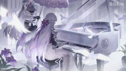  2girls armor asti_(black_beacon) belt belt_pouch bird black_beacon black_belt black_gloves black_pants bow coat copyright_name copyright_notice cross_tie facing_away feet_out_of_frame florence_(black_beacon) flower gauntlets gloves grand_piano hair_bow half_updo head_out_of_frame highres holding holding_umbrella instrument logo long_hair long_skirt multiple_girls music official_art official_wallpaper on_stool pants piano playing_instrument playing_piano pouch profile purple_bow purple_flower purple_shirt rain shared_umbrella shirt shoulder_armor sitting skirt standing stool umbrella white_bird white_coat white_hair white_skirt 