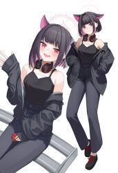  1girl absurdres alternate_costume animal_ears bare_shoulders black_camisole black_hair black_jacket black_pants black_shoes blue_archive camisole casual cat_ears cat_girl cellphone colored_inner_animal_ears colored_inner_hair commentary_request cowboy_shot extra_ears full_body halo hands_in_pockets headphones headphones_around_neck high-waist_pants highres holding holding_phone jacket jacket_partially_removed kamota_(kamotadm) kazusa_(blue_archive) multicolored_hair multiple_views pants phone pink_hair pink_halo red_eyes shoes short_hair simple_background sleeves_past_wrists smartphone two-tone_hair waving white_background 