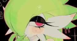  black_background black_eyeshadow colored_skin commentary eyelashes eyeshadow gardevoir green_hair green_skin hair_over_one_eye long_hair makeup multicolored_skin pokemon pokemon_(creature) red_eyes simple_background two-tone_skin usa37107692 white_skin 