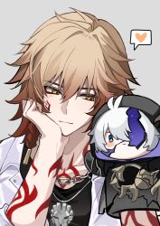  1boy absurdres alternate_costume arm_tattoo black_shirt blonde_hair braid chain chain_necklace chest_tattoo chrysos_heirs_(honkai:_star_rail) collared_shirt facial_tattoo flame_reaver_of_the_deepest_dark goldenpenguin96 gradient_hair grey_background hand_puppet hashtag-only_commentary heart highres honkai:_star_rail honkai_(series) jewelry male_focus medium_hair multicolored_hair mydei_(honkai:_star_rail) necklace open_clothes open_shirt phainon_(honkai:_star_rail) puppet red_hair red_tattoo school_uniform shirt side_braid solo spoken_heart tattoo white_shirt yellow_eyes 