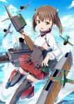  1girl airplane ayuya_naka_no_hito bike_shorts blue_sky bow_(weapon) brown_eyes brown_hair crossbow gochou_(atemonai_heya) hakama_skirt headband headgear kantai_collection long_sleeves looking_at_viewer machinery military military_uniform ocean open_mouth pleated_skirt red_skirt short_hair skirt sky solo taihou_(kantai_collection) thigh-highs uniform weapon 