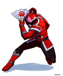  1boy absurdres armor avataro_sentai_donbrothers black_bodysuit bodysuit donmomotarou full_body hand_fan helmet highres holding holding_fan male_focus red_armor red_bodysuit red_helmet simple_background smgold solo super_sentai tokusatsu white_background 