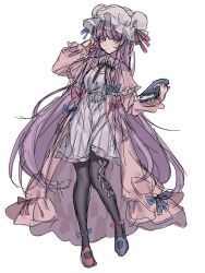  1girl amatukimahoro black_bow black_bowtie black_pantyhose blue_bow blue_shoes book bow bowtie capelet commentary dress full_body hair_bow hat highres holding holding_book long_hair long_sleeves multiple_hair_bows pantyhose patchouli_knowledge pink_capelet purple_hair red_bow red_shoes shoes simple_background sketch solo striped_clothes striped_dress touhou vertical-striped_clothes vertical-striped_dress very_long_hair violet_eyes white_background white_dress white_hat 