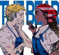  1boy 1girl absurdres apron arm_tattoo blue_apron blue_eyes carmy_berzatto copyright_name dark-skinned_female dark_skin earrings eye_contact hand_tattoo headscarf highres jewelry long_hair looking_at_another naotin3333 profile shirt short_hair sideburns sydney_adamu talking tattoo the_bear upper_body white_shirt 