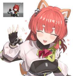  1girl :d ^_^ absurdres akekuri_(arknights) animal_ears arknights arknights:_endfield black_gloves blunt_bangs blush breasts closed_eyes commentary facing_viewer fingerless_gloves gloves happy heart highres long_hair long_sleeves medium_breasts motion_lines open_mouth red_hair ryamuchan screenshot_inset simple_background smile solo thick_eyebrows upper_body waving white_background 