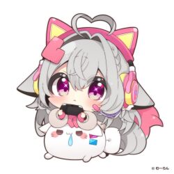  1girl :< ahoge animal_ear_headphones animal_ears artist_name blush bow bowtie cat_ear_headphones cat_ears chibi chibi_only closed_mouth commentary_request controller copyright_notice double-parted_bangs fake_animal_ears full_body game_controller grey_hat grey_sweater hair_between_eyes hair_intakes hat headphones heart heart_ahoge holding holding_controller holding_game_controller long_hair long_sleeves muuran original pink_bow pink_bowtie pink_eyes simple_background sitting solo sweater white_background 