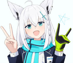  1girl ahoge animal_ear_fluff animal_ear_piercing animal_ears aqua_eyes aqua_scarf ayana_ayase blue_archive blue_eyes blue_scarf braid commentary_request cosplay cross cross_hair_ornament fox_ears fox_girl fox_shadow_puppet gloves green_gloves hair_ornament highres hololive id_card inverted_cross looking_at_viewer scarf shirakami_fubuki shiroko_(blue_archive) shiroko_(blue_archive)_(cosplay) side_braid single_braid solo v virtual_youtuber white_hair 