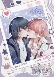  2girls absurdres black_eyes blush brown_hair cheek-to-cheek cheek_poking closed_mouth commentary drawn_ears drawn_whiskers ear_piercing glasses guiltyskullu hair_ornament hairclip heads_together heart highres jewelry logo looking_at_viewer multiple_girls naoi_(zenbu_kowashite_jigoku_de_aishite) necklace photo_(object) piercing poking shirt untranslatable_commentary white_shirt yoshizawa_kurumi zenbu_kowashite_jigoku_de_aishite 