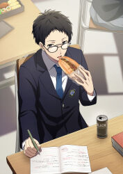  1boy absurdres adachi_tooru bento black_eyes black_hair black_jacket blue_necktie book can canned_coffee commentary_request desk drink_can eating food glasses highres illegible_text indoors itsumiruka jacket long_sleeves male_focus mechanical_pencil necktie notebook open_mouth pencil persona persona_4 persona_4_the_animation school_uniform short_hair solo sushi writing 