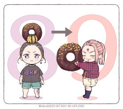  2boys aged_down alternate_costume arm_tattoo black_shirt blonde_hair blue_eyes blush brown_hair child chocolate chocolate_donut chocolate_on_face commentary_request donut_hair_bun doughnut earrings eating food food_on_face green_shorts hair_bun haitani_ran highres holding holding_donut holding_food jewelry leg_tattoo long_hair long_sleeves male_focus multicolored_eyes multicolored_hair multiple_boys niko20223 pink_hair plaid_clothes plaid_shirt ponytail red_shirt sanzu_haruchiyo scar scar_on_face scar_on_mouth shirt shorts simple_background single_earring smile sprinkles streaked_hair t-shirt tattoo tokyo_revengers two-tone_eyes two-tone_hair violet_eyes white_background white_shorts 