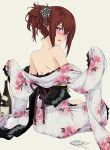  1girl absurdres alcohol alternate_hairstyle back bare_back bare_shoulders blue_eyes blush bottle brown_hair cherry_blossoms clothes_down drunk embarrassed floral_print flower from_behind furisode hair_ornament hair_up highres japanese_clothes kanzashi kimono long_hair looking_at_viewer looking_back makise_kurisu nape no_bra obi off_shoulder open_mouth petals saipaco sakazuki sake sake_bottle sash solo steins;gate tabi tears undressing 