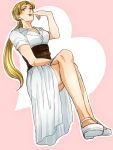  1girl belt blonde_hair imaru_(yashiro19950425) jojo_no_kimyou_na_bouken legs long_hair ponytail sitting solo tsuji_aya yellow_eyes 