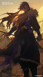  absurdres backlighting black_beacon black_pants bow_(weapon) brown_hair closed_eyes coat copyright_name copyright_notice covered_eyes facing_viewer feet_out_of_frame floating_hair fur-trimmed_coat fur_trim hair_over_eyes highres holding holding_bow_(weapon) holding_weapon logo long_hair male_focus official_art official_wallpaper outdoors pants purple_coat sky soldier solo_focus standing weapon yellow_sky 