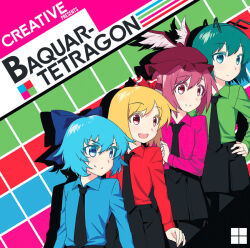  4girls album_cover_redraw antennae black_necktie black_skirt blew_andwhite blonde_hair blue_bow blue_eyes blue_hair blue_shirt bow cirno collared_shirt colorful_background comiket_86 commentary_request cover derivative_work dress_shirt green_hair green_shirt hair_bow hat kraftwerk looking_to_the_side mob_cap multiple_girls mystia_lorelei necktie pink_shirt purple_hat red_eyes red_shirt rumia shirt short_hair skirt team_9_(touhou) the_man-machine touhou wriggle_nightbug 