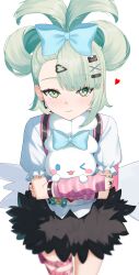  1girl 4kebidayo absurdres aqua_nails arm_warmers bow cinnamoroll commentary_request earrings fuwa_fuwa_cinnamoroll green_eyes green_hair hair_ornament heart heart_hair_ornament highres jewelry legband looking_at_viewer multicolored_arm_warmers nail_polish pink_arm_warmers ring sanrio short_sleeves striped_arm_warmers sunna_(zenless_zone_zero) wings x_hair_ornament zenless_zone_zero 