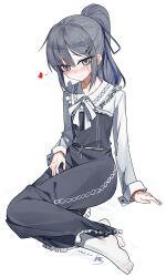  1girl absurdres asymmetrical_bangs blush character_request commentary copyright_request dated dress full_body grey_dress grey_eyes grey_hair hair_between_eyes hair_ornament hairclip heart highres long_dress long_sleeves looking_at_viewer neck_ribbon petite ponytail ribbon scar scar_across_eye scar_on_face simple_background sitting smile socks solo white_background white_ribbon white_socks yisjhui yokozuwari 