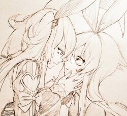  2girls alice_(grimms_notes) alice_(original)_(grimms_notes) chaos_alice_(grimms_notes) chaos_alice_(original)_(grimms_notes) clothing_cutout fingernails grimms_notes hair_between_eyes half-closed_eyes hand_on_another's_cheek hand_on_another's_face hands_up heart_cutout long_hair long_sleeves looking_at_another monochrome multiple_girls parted_lips puffy_long_sleeves puffy_sleeves ribbon shino_(5no) spiky_hair traditional_media twintails upper_body vertical-striped_sleeves 