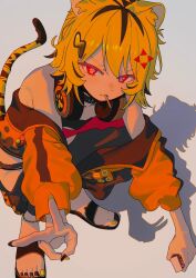  1girl 38_(sanjuuhachi) :3 animal_ear_fluff animal_ears aogiri_koukou black_choker black_hair black_nails choker grey_background hair_between_eyes hair_ornament hashtag-only_commentary headphones headphones_around_neck highres holding jacket looking_at_viewer multicolored_hair nail_polish off_shoulder open_clothes open_jacket orange_hair paw-shaped_pupils paw_print red_eyes sandals shadow simple_background solo squatting streaked_hair symbol-shaped_pupils tail tiger_ears tiger_girl tiger_tail toenail_polish toenails urutora_garu v virtual_youtuber yellow_nails 