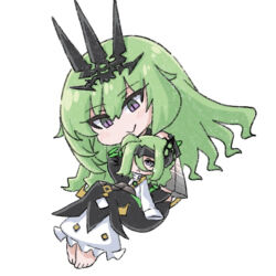  2girls asymmetrical_gloves barefoot black_gloves chibi claw_ring closed_mouth coat commentary_request crown gloves green_eyes honkai_(series) honkai_impact_3rd klein_(honkai_impact) lab_coat long_hair mismatched_gloves mobius_(honkai_impact) mokkyo_(motkyo) multiple_girls simple_background single_sleeve slit_pupils smile toes violet_eyes white_background white_coat white_sleeves 