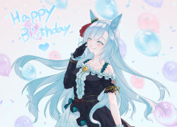  1girl animal_ears asymmetrical_gloves asymmetrical_sleeves balloon bare_shoulders black_dress black_gloves blue_hair blush braid breasts center_frills closed_eyes collarbone commentary confetti crown_braid dress ear_ornament ear_ribbon facing_viewer frills gloves hanong_06 happy_birthday highres horse_ears horse_girl long_hair medium_breasts mejiro_ardan_(crystalline)_(umamusume) mejiro_ardan_(umamusume) mismatched_gloves off-shoulder_dress off_shoulder open_mouth smile solo umamusume uneven_sleeves white_gloves 