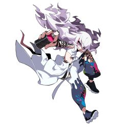  1girl arm_tattoo baggy_pants belt black_pants black_shoes bright_pupils can clothes_around_waist eyeshadow finger_tattoo graffiti guernica_(p5t) hand_tattoo hip_tattoo holding holding_can holding_spray_can jacket jacket_around_waist long_hair loose_belt makeup mouse_tail official_art oribe_hanako paint_on_clothes paint_splatter pants persona persona_5 persona_5_tactica pink_eyes red_eyeshadow shirt shoes sleeveless sleeveless_shirt smile smirk solo spray_can spray_paint tail tank_top tattoo tattoo_sleeve two-tone_pants very_long_hair wavy_hair white_background white_belt white_hair white_jacket white_pants white_pupils white_tank_top 