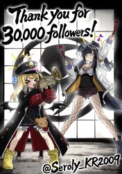 >_< +++ 2girls absurdres aiguillette animal_bag animal_ears arms_up bear_bag black_boots black_coat black_dress black_hair black_hat black_ribbon black_shorts black_tank_top blonde_hair blue_archive boots bow coat collar commentary crossover demon_wings dog_ears dog_girl dog_tail drawer dress drumsticks eighth_note fishnet_pantyhose fishnets goggles goggles_on_head grid_background hair_ribbon halo hat hibiki_(blue_archive) highres holding holding_drumsticks holding_instrument holding_trumpet ibuki_(blue_archive) instrument jacket kamen_rider kamen_rider_hibiki_(series) long_hair milestone_celebration multiple_girls music musical_note name_connection nogawa_seroly ongekibou_rekka ongekikan_reppu pantyhose peaked_cap pink_bow playing_instrument pleated_dress ribbon rubber_boots shirt shorts sleeves_past_fingers sleeves_past_wrists stuffed_animal stuffed_toy tail tank_top trumpet twitter_username violet_eyes white_jacket white_shirt wings yellow_boots yellow_halo