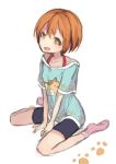  1girl ao68 arm_support bare_shoulders bike_shorts cat_print collarbone dot_nose fang hair_between_eyes hoshizora_rin looking_at_viewer love_live!_school_idol_project no_shoes open_mouth orange_hair paw_print short_hair short_sleeves simple_background sitting socks solo wariza white_background yellow_eyes 