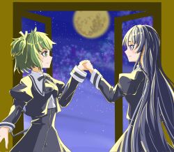  2girls assault_lily black_hair black_ribbon black_skirt buttons closed_mouth commentary_request cropped_jacket eye_contact from_side full_moon green_eyes green_hair hair_ribbon hand_up high-waist_skirt highres holding_hands indoors juliet_sleeves light_particles long_hair long_sleeves looking_at_another makki_(arzlowpl9f1syse) moon multiple_girls neck_ribbon night one_side_up open_window profile puffy_sleeves ribbon school_uniform shirai_yuyu shirt skirt smile standing star_(sky) upper_body very_long_hair violet_eyes white_shirt window yellow_ribbon yoshimura_thi_mai yuri yurigaoka_girls_academy_school_uniform 