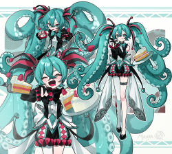  1girl :d ^_^ absurdres alternate_costume aqua_eyes aqua_hair bare_shoulders cake cake_slice closed_eyes color_guide commentary_request crossed_bangs double-parted_bangs food frilled_shorts frills fruit full_body hair_between_eyes hatsune_miku highres holding holding_tray jester looking_at_viewer multiple_views myuga66666 open_mouth outline own_hands_together shorts single_leg_pantyhose smile standing strawberry tentacle_hair thigh_strap three_emoji_challenge tray vocaloid white_outline 
