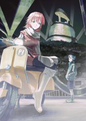  1boy 1girl black_hair black_sky blue_jacket boots closed_mouth commentary_request figure_four_sitting flcl gloves goggles goggles_on_head green_eyes green_shoes hands_in_pockets haruhara_haruko highres jacket knee_boots kuthi0510 looking_at_viewer motor_vehicle nandaba_naota night on_scooter outdoors pink_hair red_shirt scarf scooter shirt shoes short_hair shorts sitting sky smile vespa white_boots white_scarf 