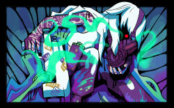  1girl arm_tattoo astrofiish baggy_pants bare_shoulders black_border border breasts commentary english_commentary face_in_shadow finger_tattoo gas_mask glowing glowing_eyes graffiti green_background guernica_(p5t) hand_on_mask hand_tattoo highres holding holding_water_gun long_hair making-of_available mask medium_breasts mouse_tail paint_on_clothes paint_splatter pants persona persona_5 persona_5_tactica shirt sleeveless sleeveless_shirt solo tail tank_top tattoo tattoo_sleeve very_long_hair water_gun wavy_hair white_hair white_pants white_tank_top 