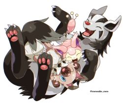  blue_eyes claws closed_mouth commentary_request happy highres lying mightyena no_humans on_back one_eye_closed pawpads pokemon pokemon_(creature) pokemon_focus rockruff rorosuke skitty smile twitter_username white_background 